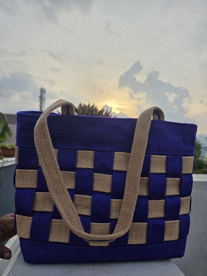 Handwoven checkerboard jute bag by Papa Weaves